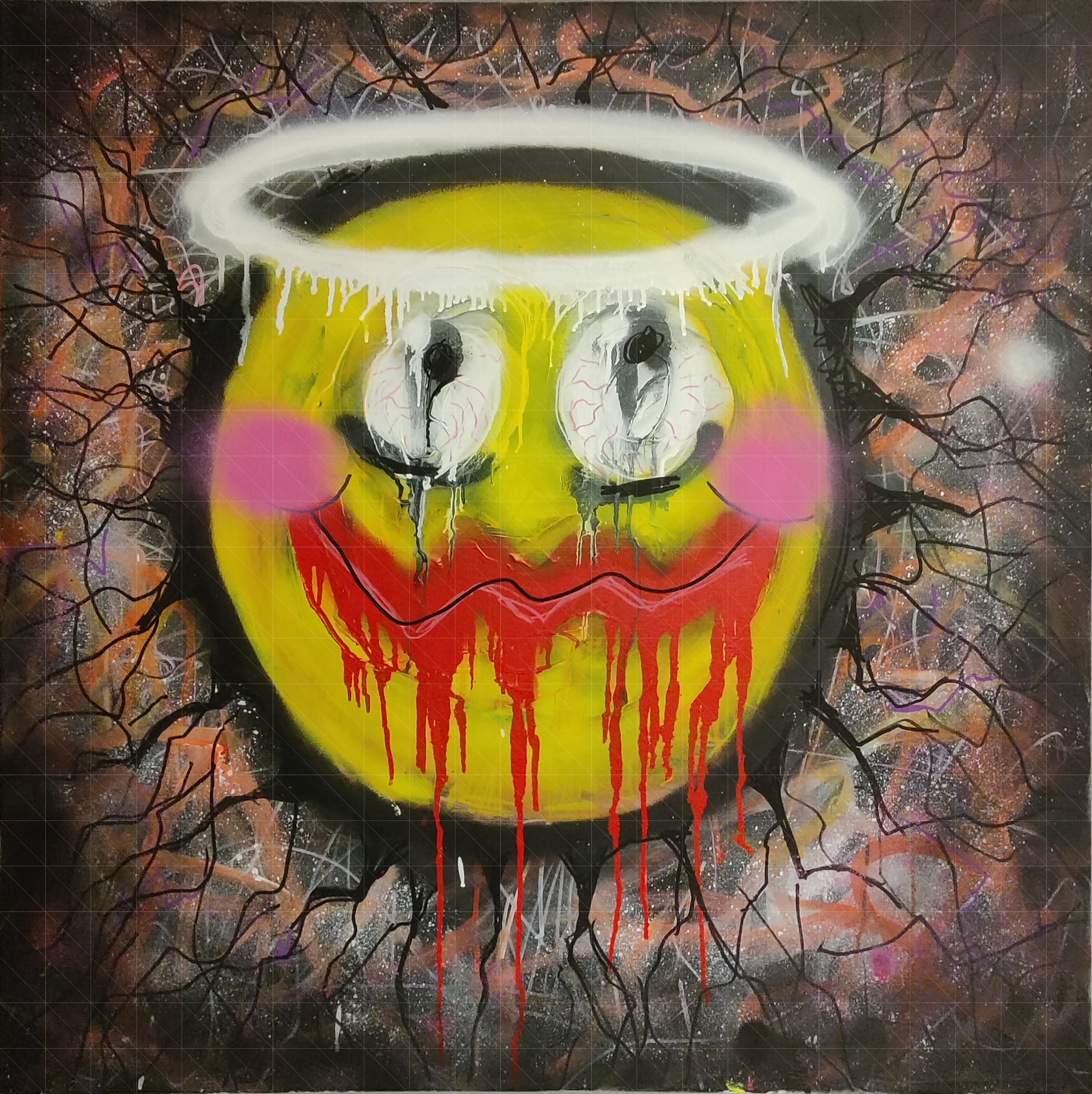 A yellow smiley with a halo,  bloody mouth, looking up, surrounded by a iris looking texture.