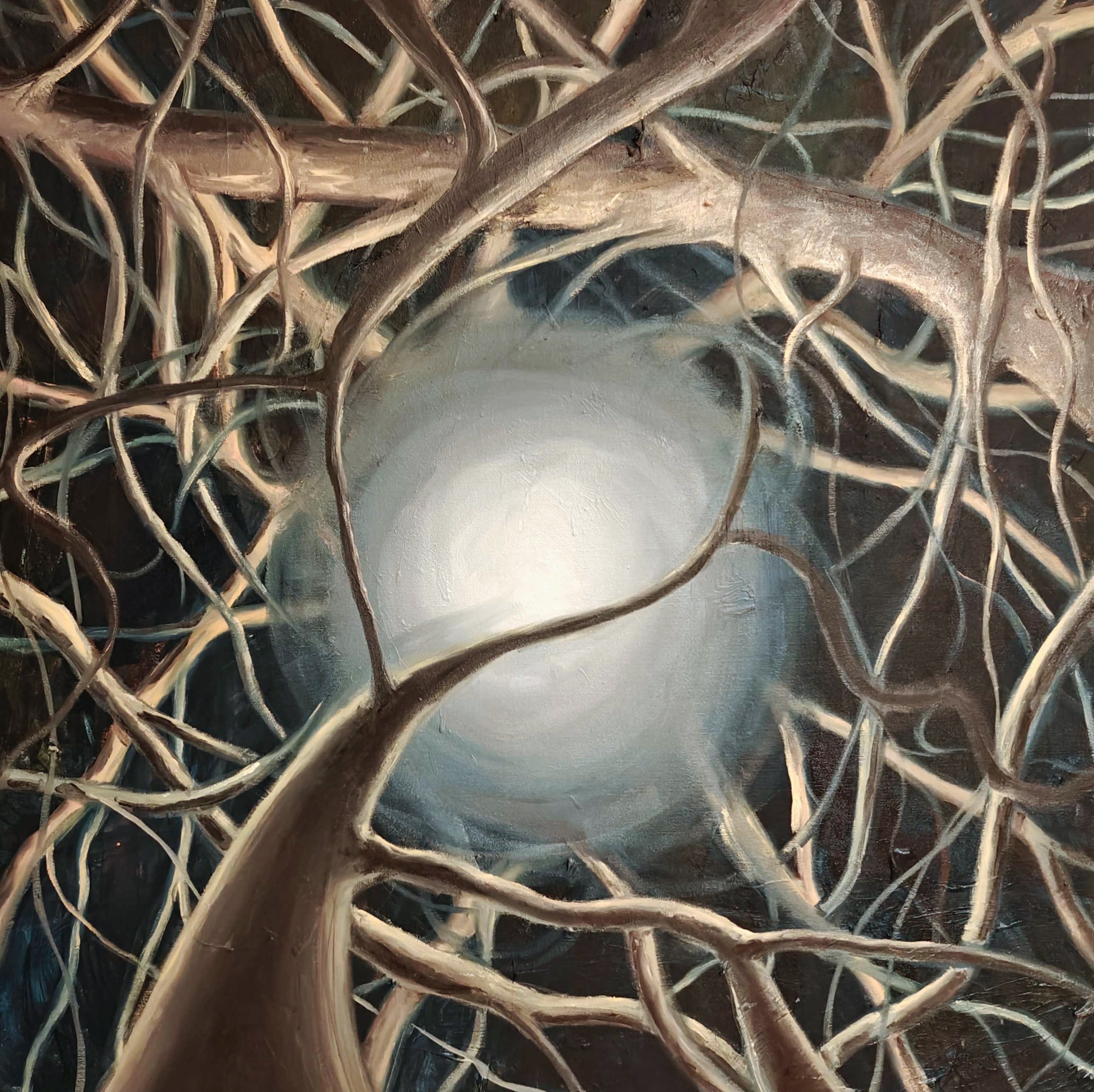 Branchlike figures swirling around a round source of light.